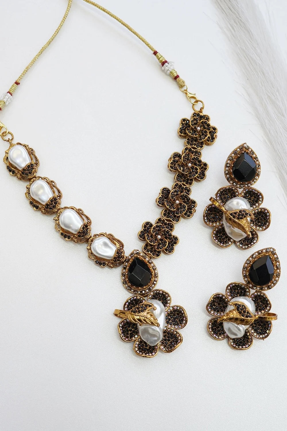 Majestic Turkish Mother Pearl & Gemstone Floral Necklace Set