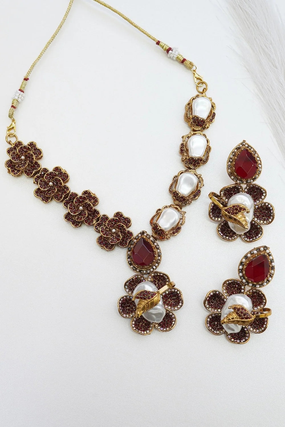 Majestic Turkish Mother Pearl & Gemstone Floral Necklace Set