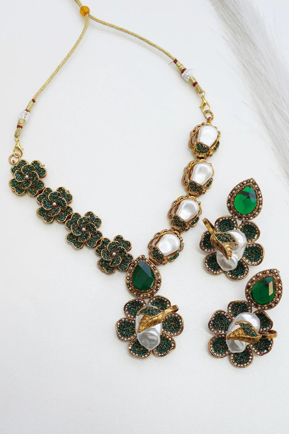 Majestic Turkish Mother Pearl & Gemstone Floral Necklace Set