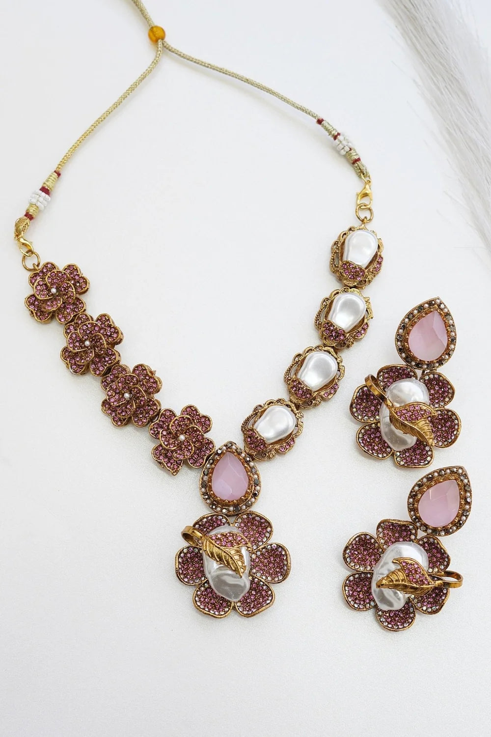 Majestic Turkish Mother Pearl & Gemstone Floral Necklace Set