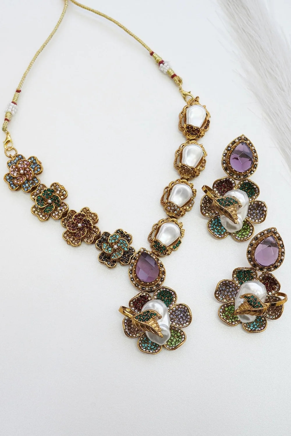 Majestic Turkish Mother Pearl & Gemstone Floral Necklace Set