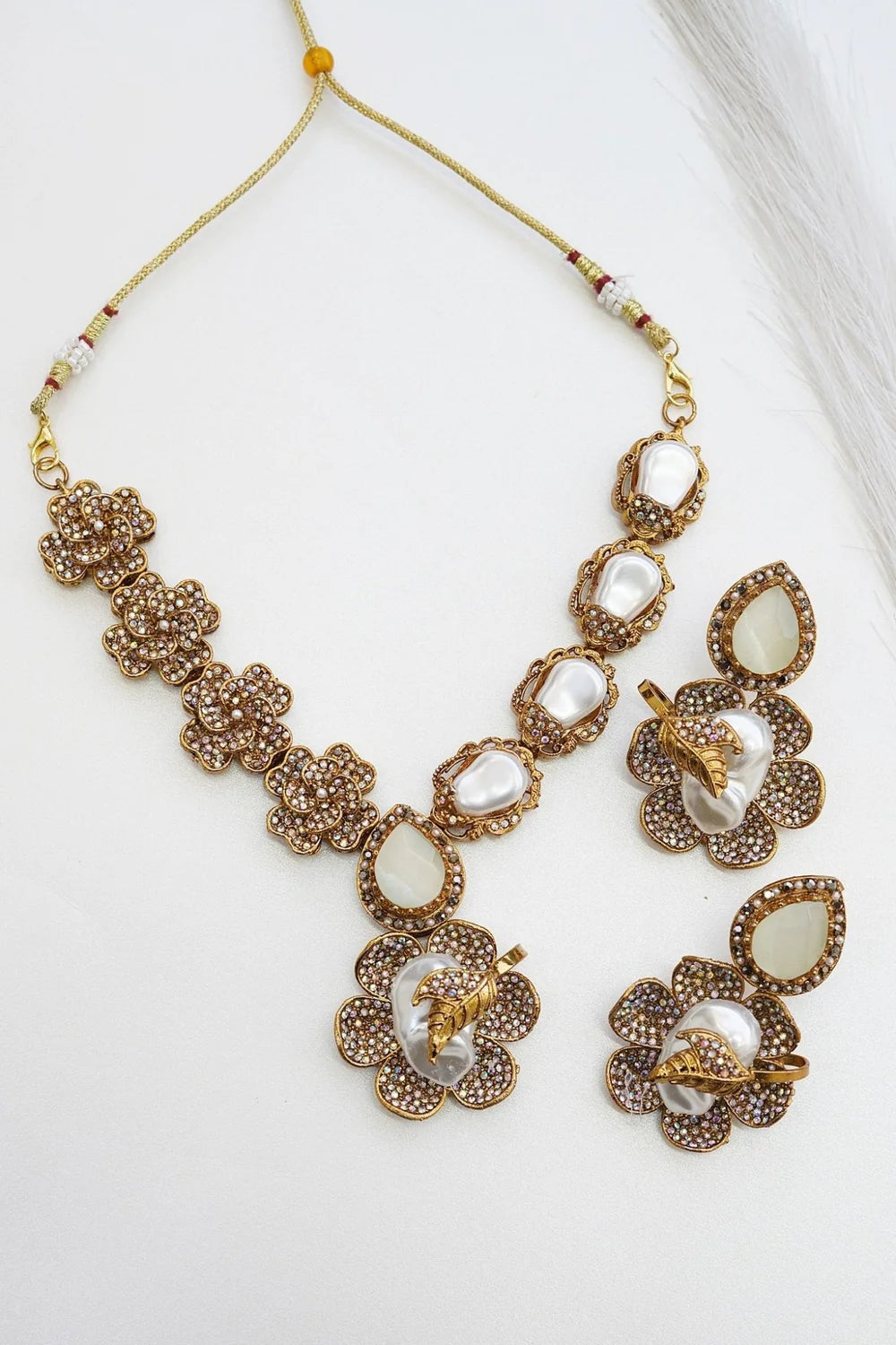 Majestic Turkish Mother Pearl & Gemstone Floral Necklace Set