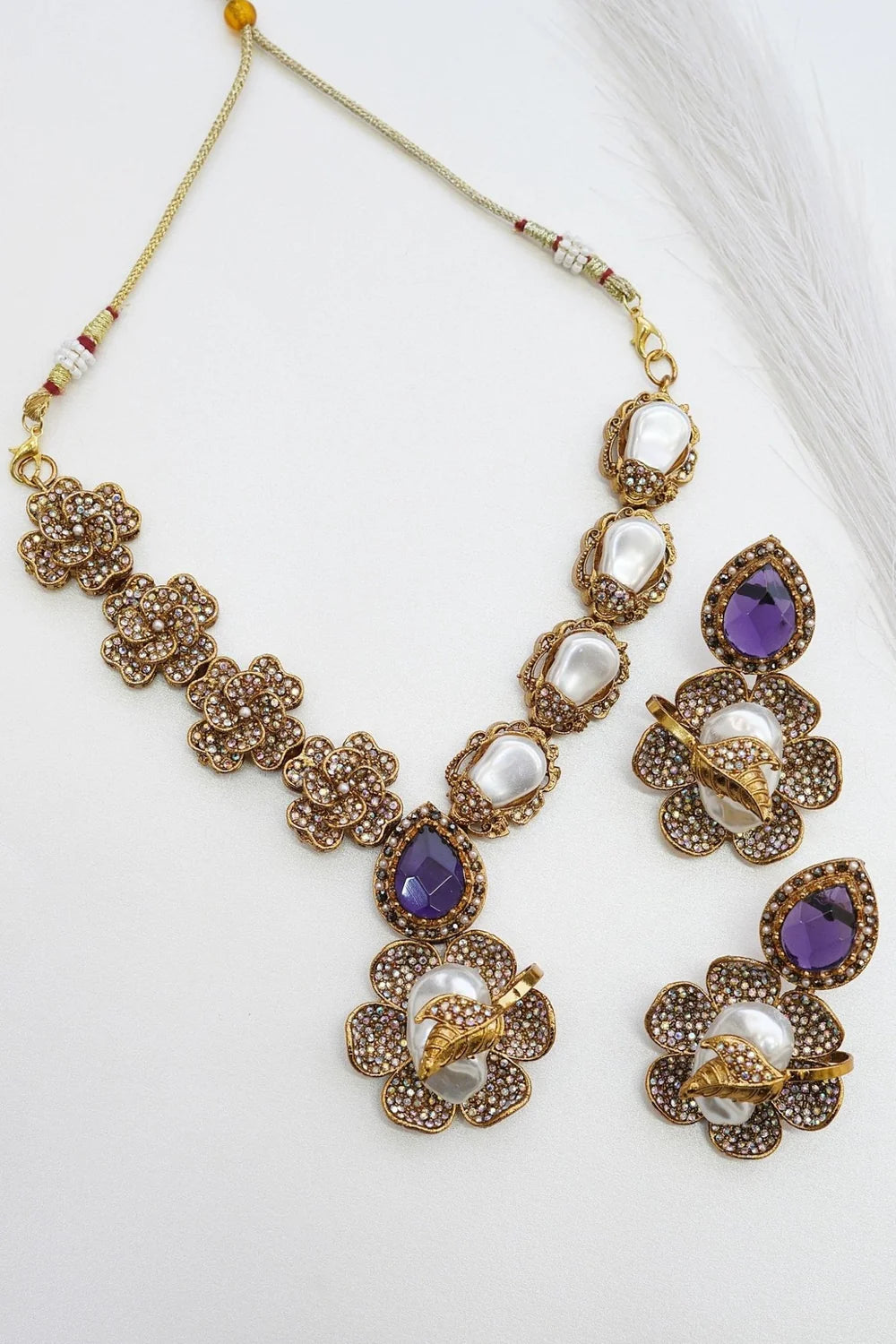 Majestic Turkish Mother Pearl & Gemstone Floral Necklace Set