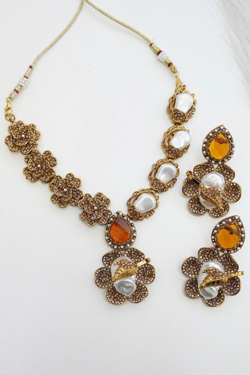 Majestic Turkish Mother Pearl & Gemstone Floral Necklace Set