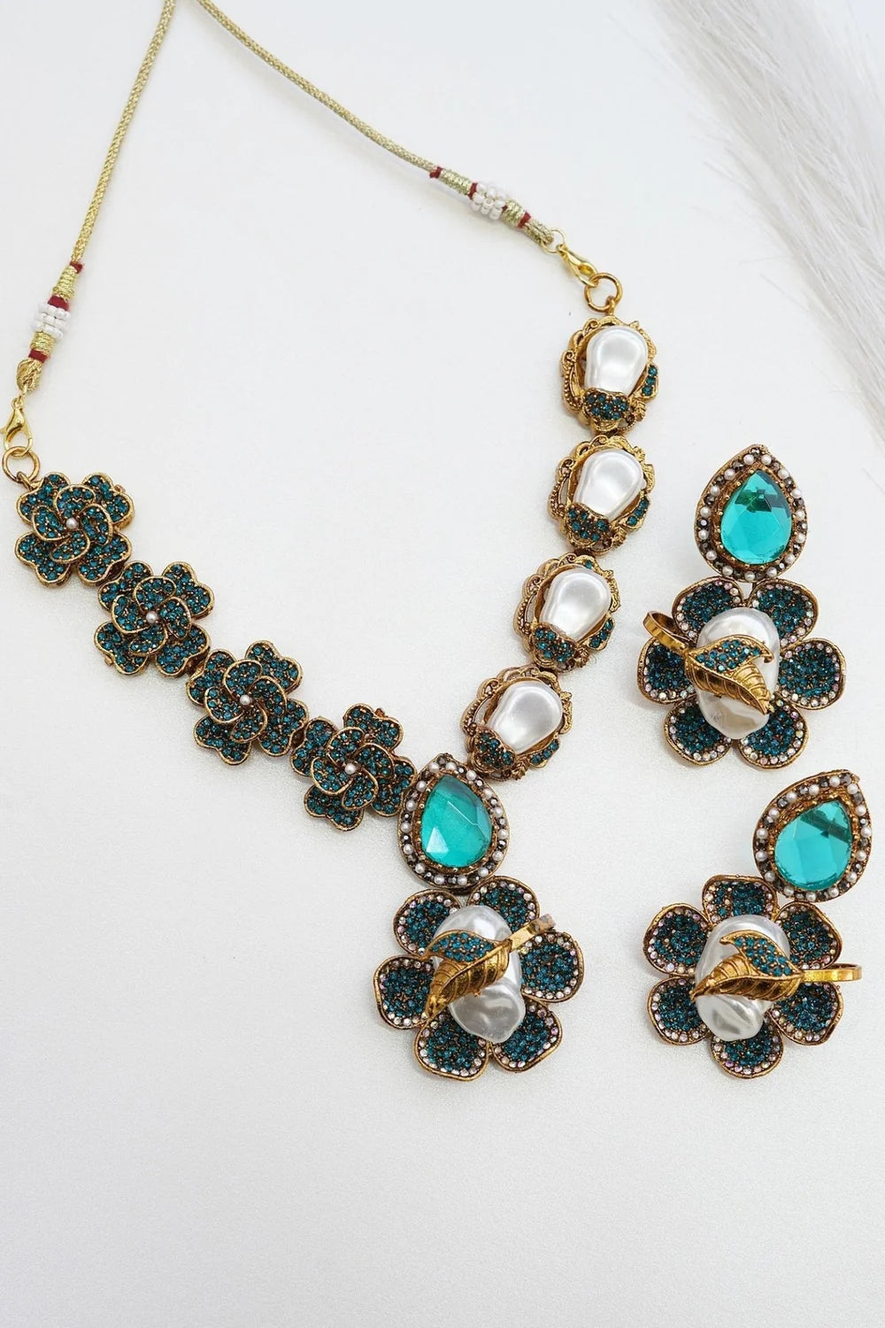 Majestic Turkish Mother Pearl & Gemstone Floral Necklace Set